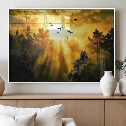 Canvas of a golden forest at sunset with birds flying through glowing sunbeams and silhouetted pine trees, ideal for warm-toned rustic decor.