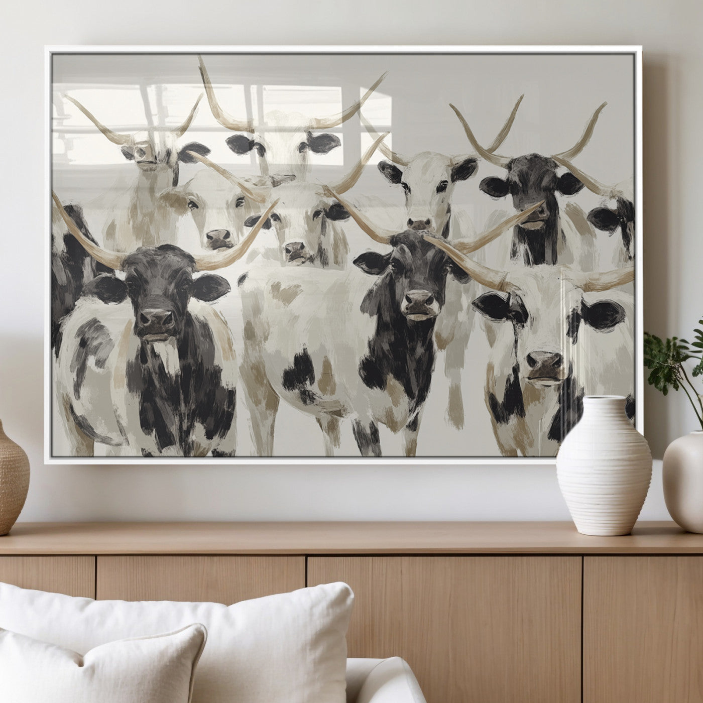 Canvas of a Texas Longhorn cattle herd in neutral black and white tones, ideal for rustic farmhouse or western-themed decor.