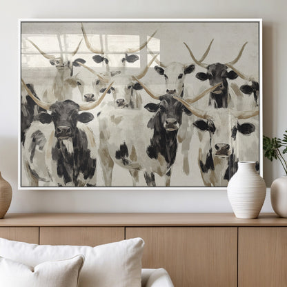 Canvas of a Texas Longhorn cattle herd in neutral black and white tones, ideal for rustic farmhouse or western-themed decor.
