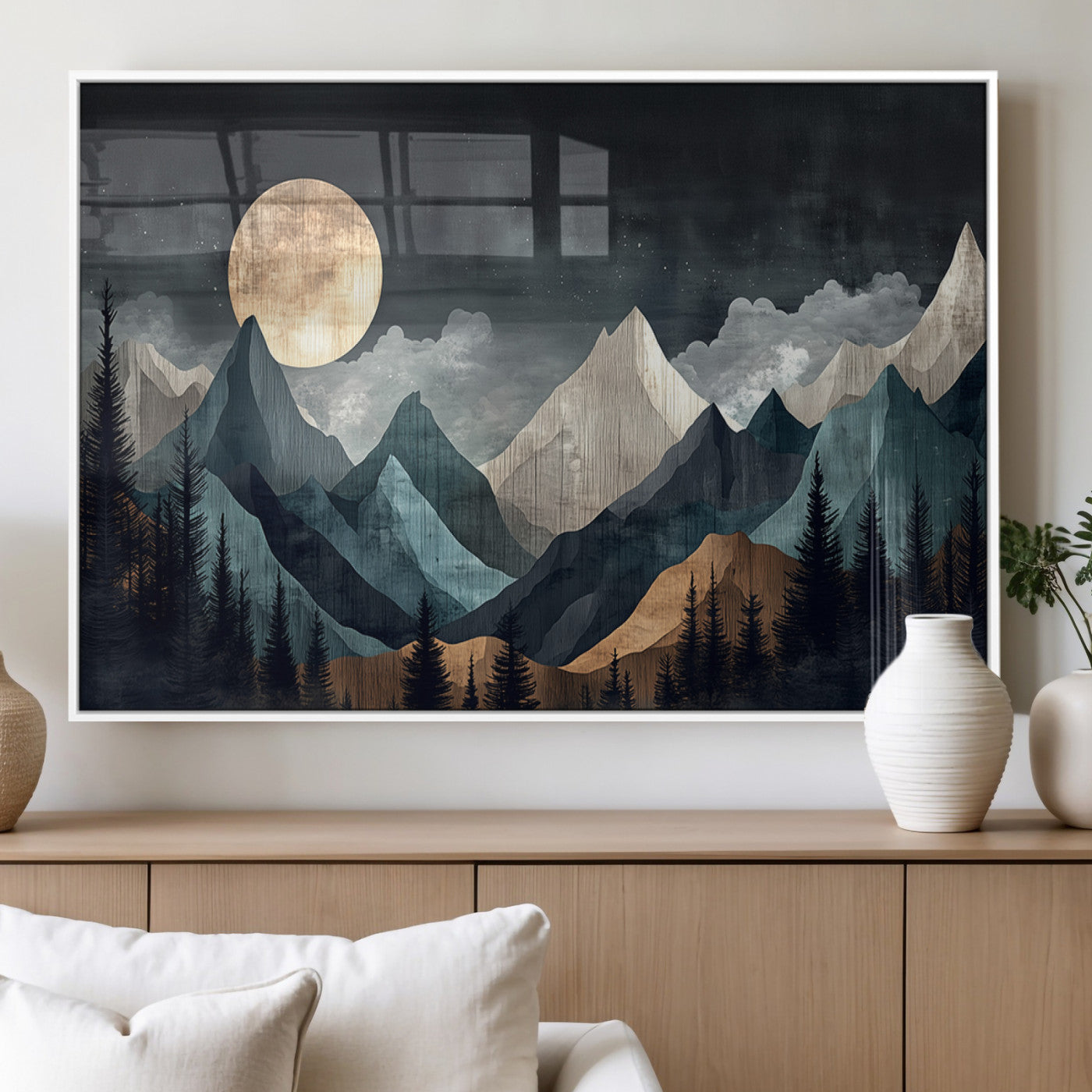 Stylized canvas of layered mountains under a full moon in neutral moody tones, ideal for nature-inspired or modern rustic interiors.