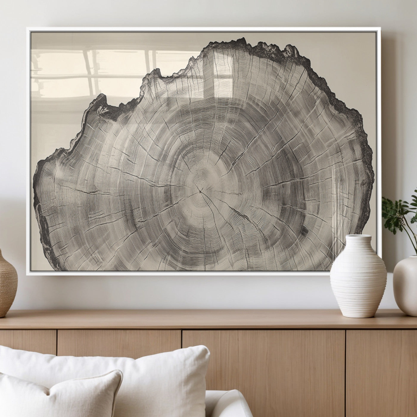 Detailed tree ring drawing in monochrome tones, ideal for rustic or nature-inspired interiors with a minimal decor aesthetic.