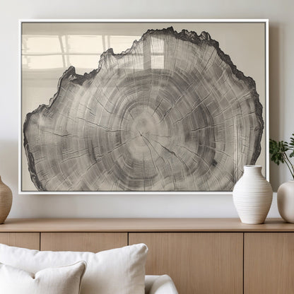Detailed tree ring drawing in monochrome tones, ideal for rustic or nature-inspired interiors with a minimal decor aesthetic.