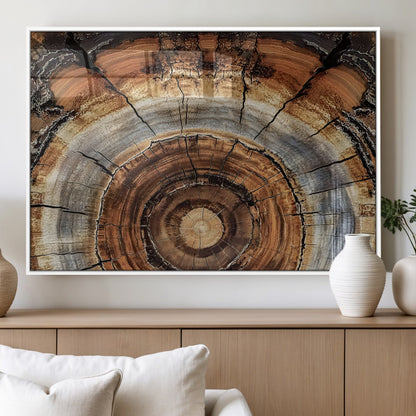 Canvas of tree rings and natural wood grain in earthy tones, ideal for rustic or vintage-inspired home decor with organic textures.