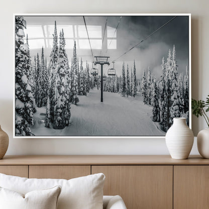 Canvas of a snowy ski lift scene through a forest of tall pine trees, ideal for moody winter or alpine-themed home decor.