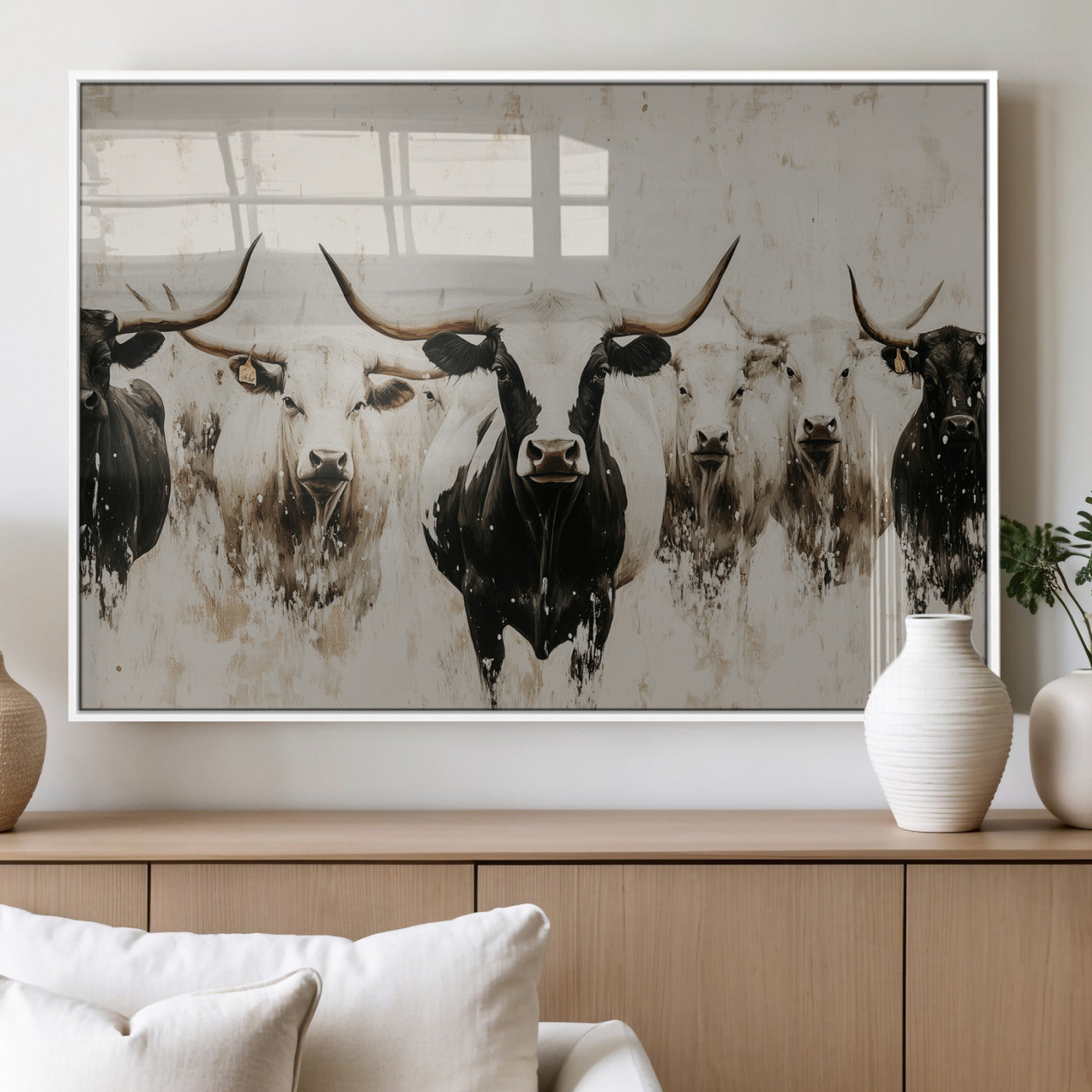 Illustrated herd of longhorn cattle in black and white tones with a neutral textured background, perfect for rustic or farmhouse-style decor.