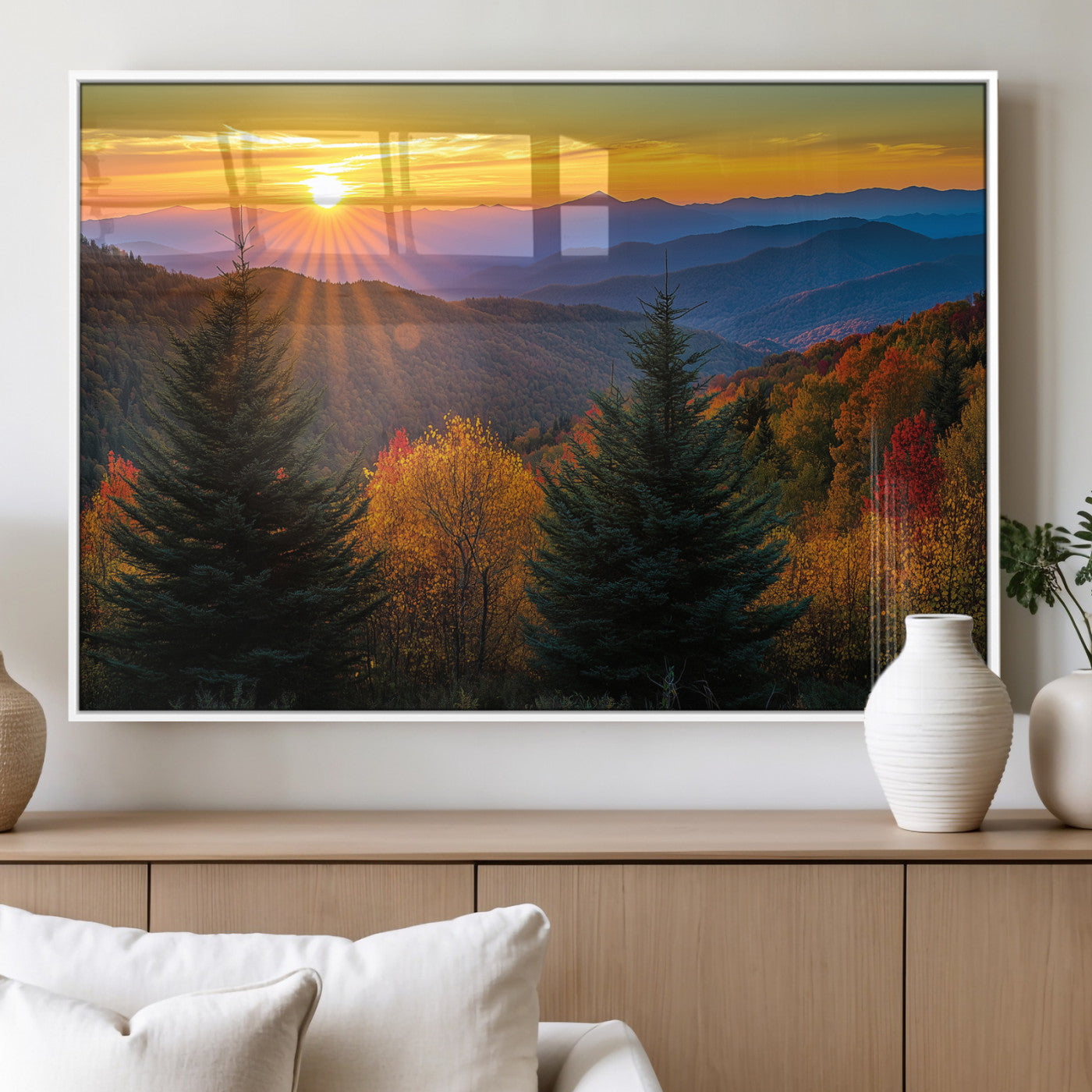 Vibrant sunset over autumn mountains with colorful trees and warm light, ideal for nature lovers or cabin-style wall decor.