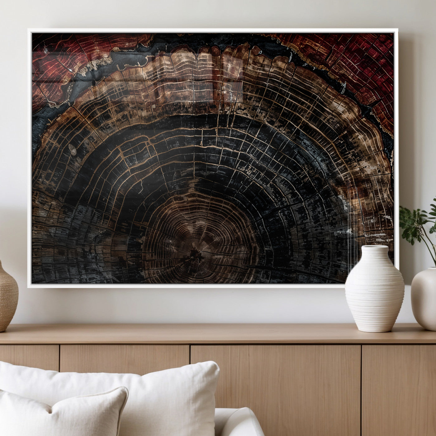 Dark Wood Wall Art Print - Petrified Tree Canvas Print, featuring an intricate tree ring pattern with deep earthy tones and organic textures, perfect for rustic and nature-inspired decor.
