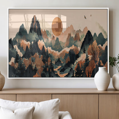 Mountain Landscape Wall Art Print - Sunset Hills Canvas Print, featuring an abstract nature scene with earthy tones and misty peaks, perfect for boho and modern decor.