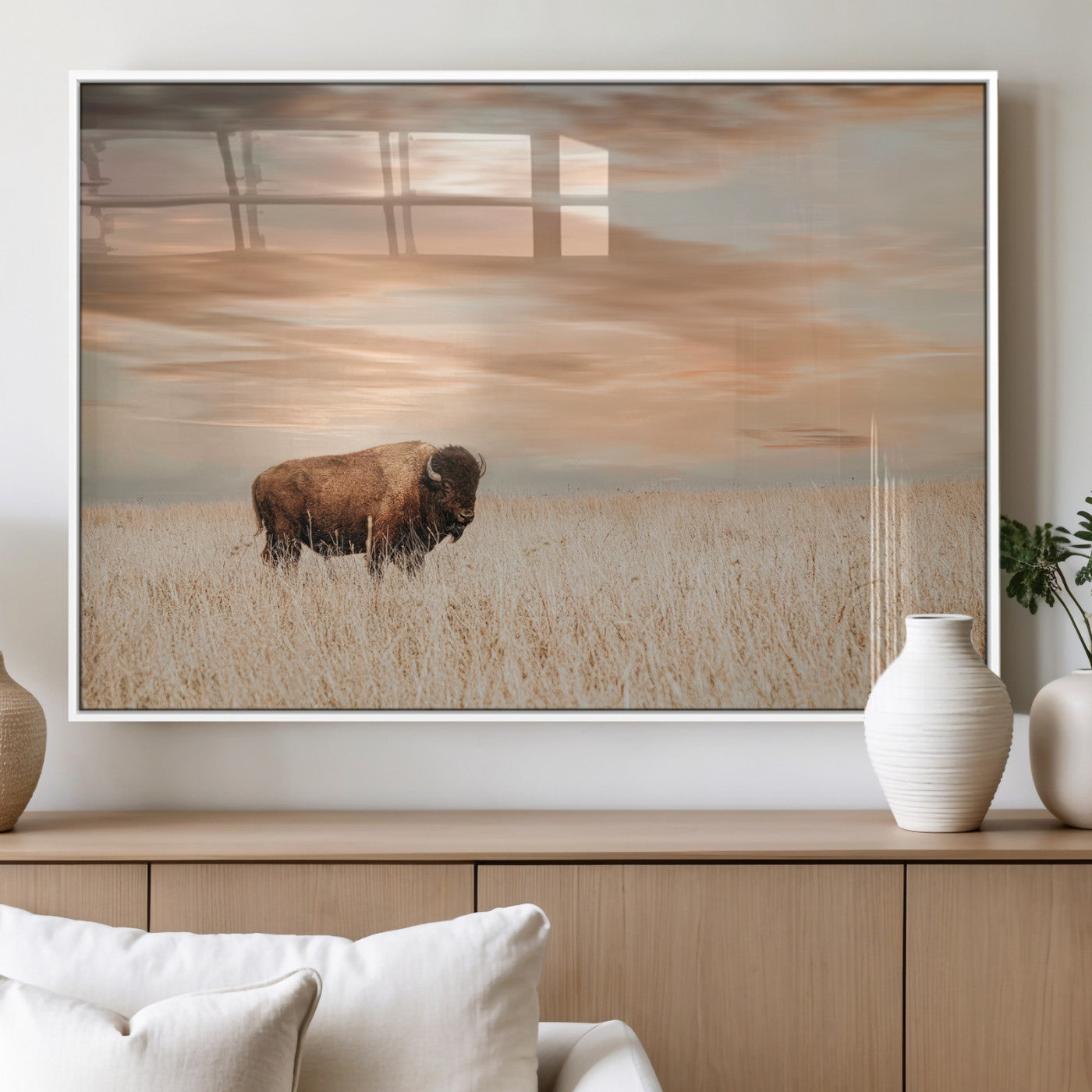 Bison Wall Art Print - Buffalo Canvas Print, featuring a lone bison in a golden prairie under a warm sunset sky, perfect for rustic and farmhouse decor.