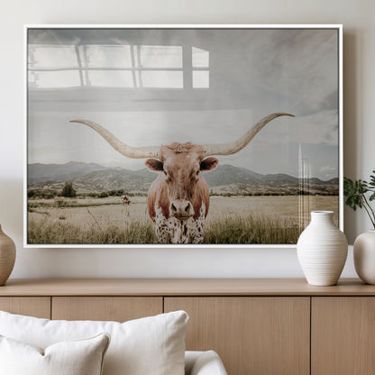 Longhorn Wall Art Print - Western Cow Canvas Print, featuring a majestic Texas longhorn in a rustic prairie setting, perfect for farmhouse and western decor.