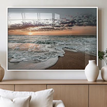 Ocean Sunset Wall Art Print - Beach Waves Canvas Print, featuring a serene seascape with golden sunlight reflecting on gentle waves, perfect for coastal and minimalist decor.