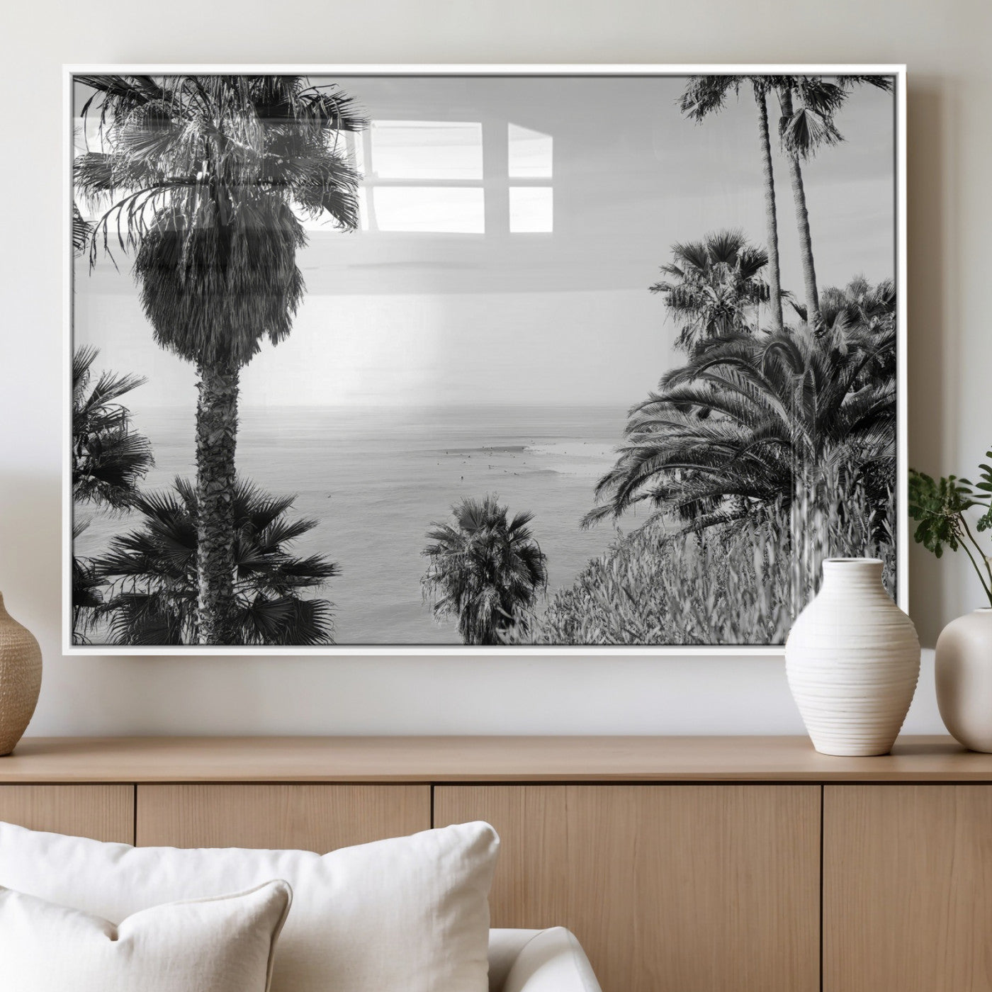 Monochrome canvas of palm trees framing a coastal surf scene, perfect for California-inspired or retro black-and-white beach decor.
