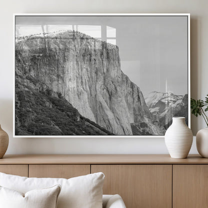 Monochrome canvas of El Capitan’s granite wall in Yosemite with snowy peaks, ideal for dramatic mountain or black-and-white nature decor.