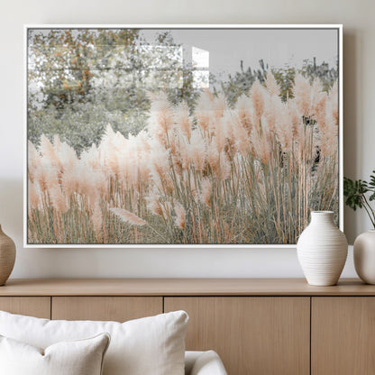 Soft pastel pampas grasses in a natural setting, ideal for neutral boho or rustic botanical-style interior wall decoration.