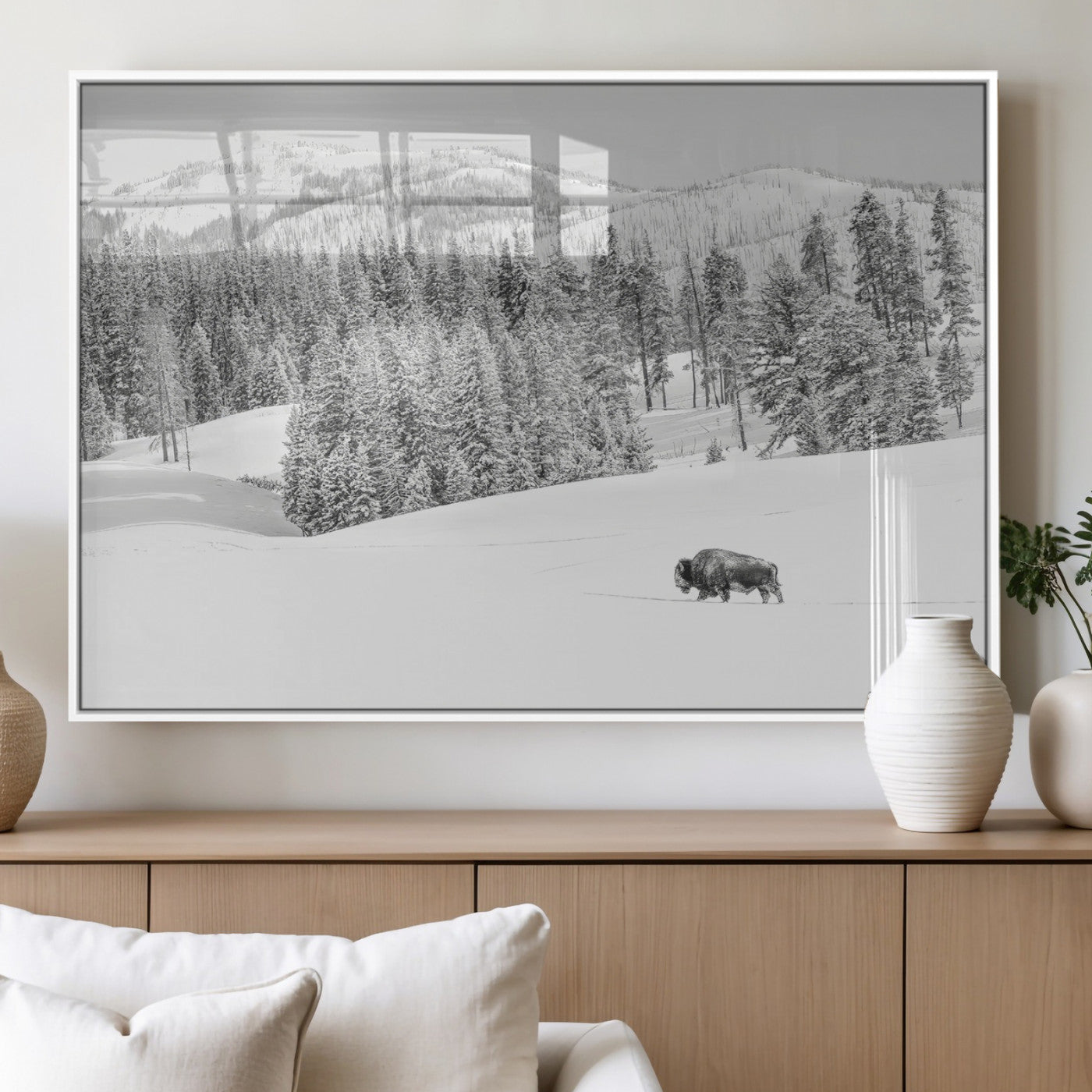 Snowy bison walking through white forest landscape, ideal for monochrome winter or wilderness-style interior wall decoration.