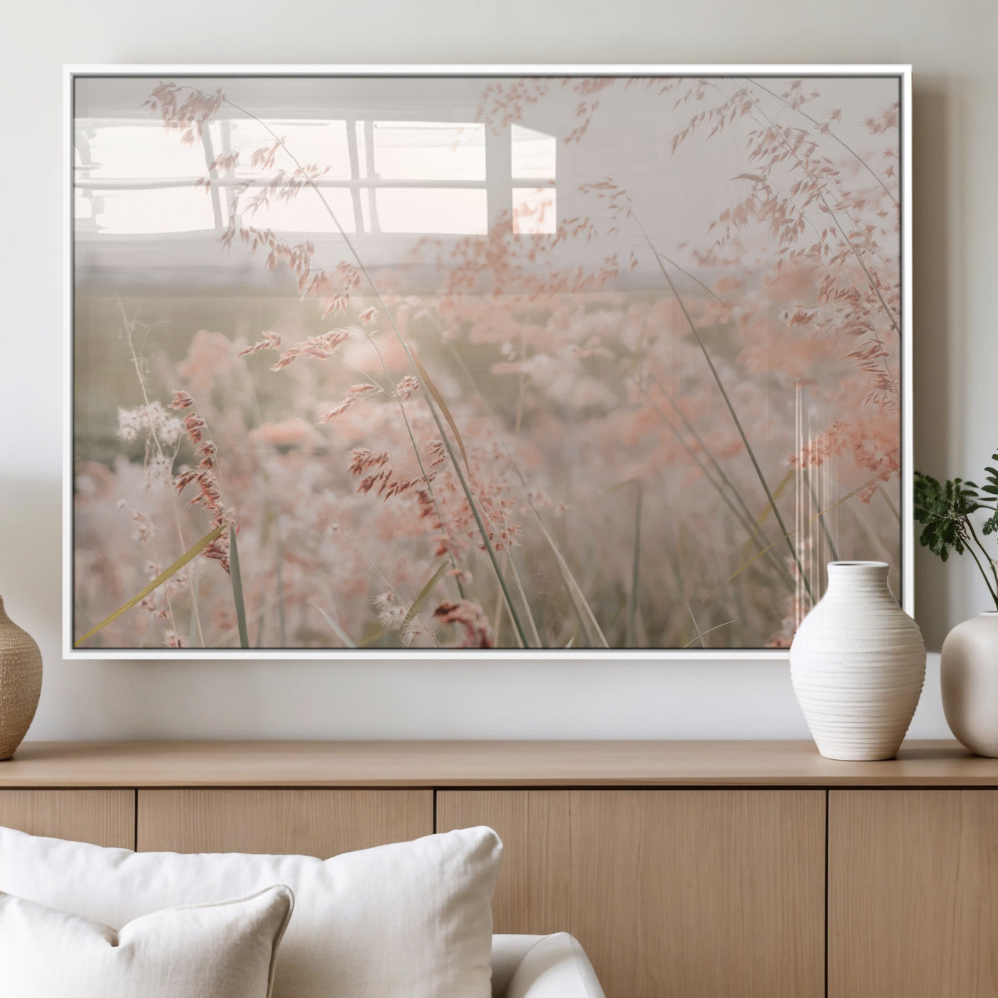 Soft pastel field with wild grasses in warm light, ideal for minimal nature or airy countryside-inspired interior wall decoration.
