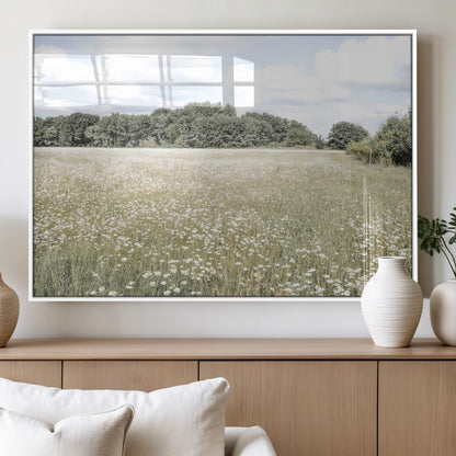 Soft-toned image of a wild daisy field under a cloudy sky, ideal for neutral or Scandinavian-inspired home decor.