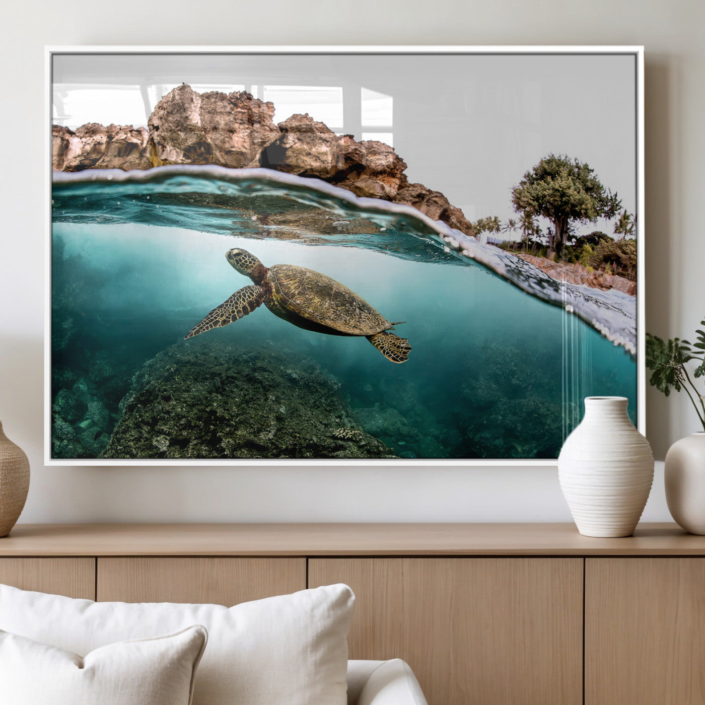Dynamic split-view photo of a sea turtle swimming near rocky shores, perfect for vibrant coastal or tropical beach home decor.