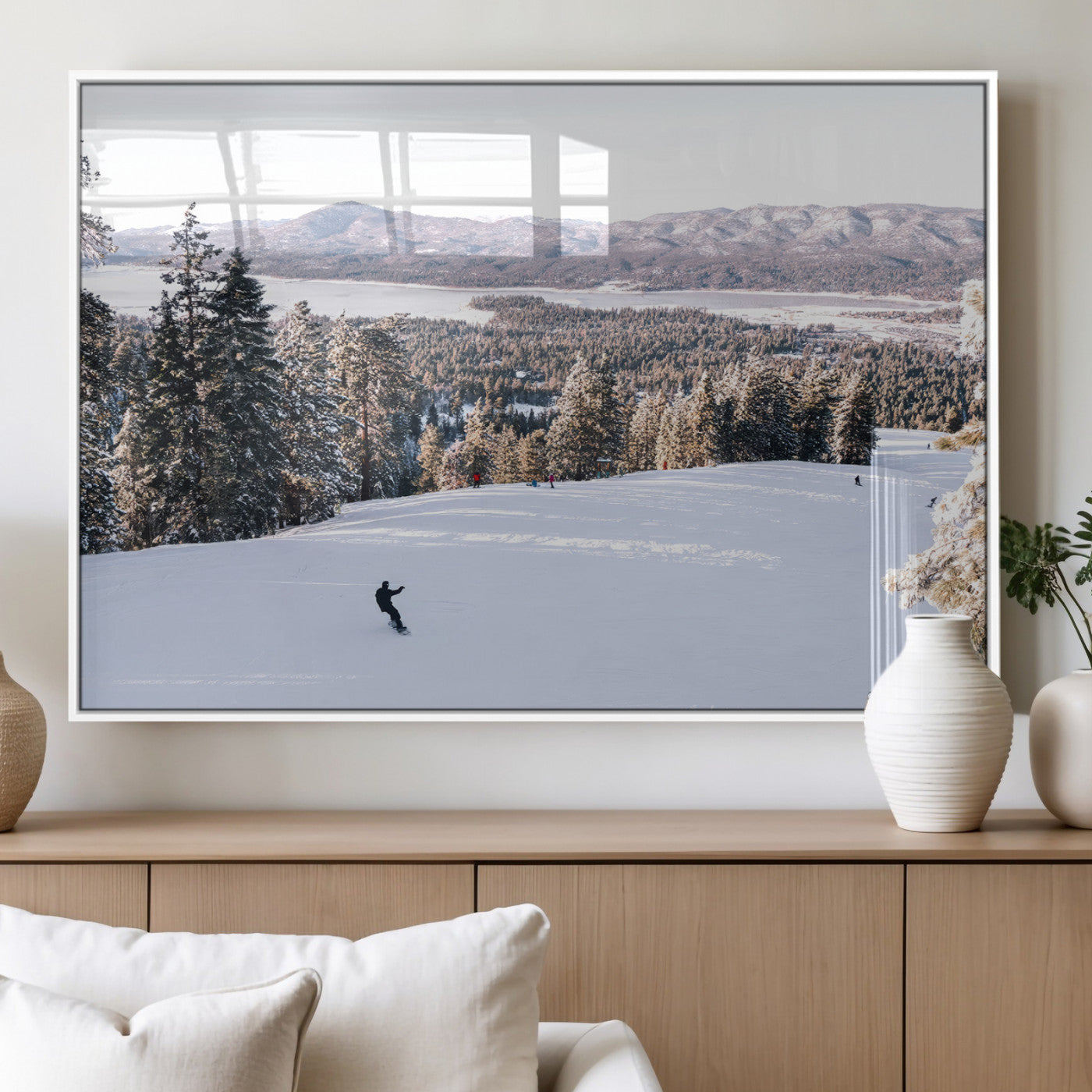 Canvas of a snowy mountain ski slope with pine trees and bright winter light, ideal for modern rustic or alpine-inspired home decor.