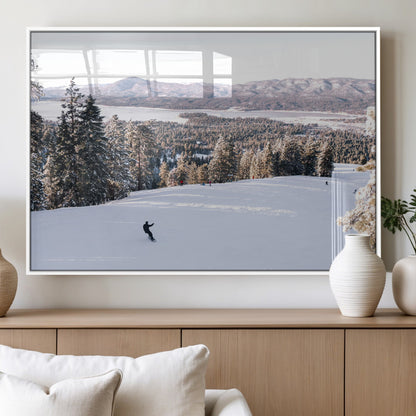 Canvas of a snowy mountain ski slope with pine trees and bright winter light, ideal for modern rustic or alpine-inspired home decor.