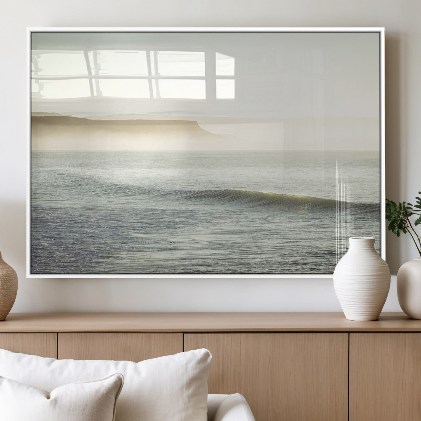 Canvas of a misty ocean scene with coastal cliffs and soft neutral tones, ideal for Scandinavian coastal or minimalist nature-inspired home decor.
