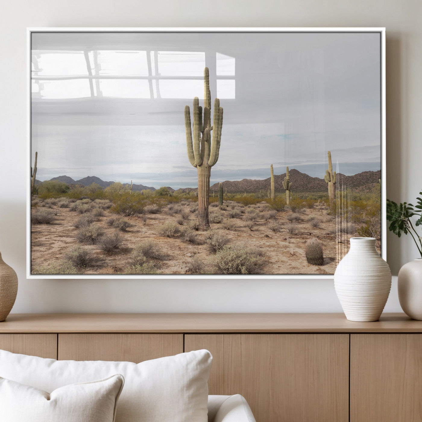 Canvas of a saguaro cactus in an earthy Sonoran desert landscape, ideal for Southwestern Boho or desert minimalism inspired home decor.   2/2
