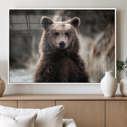 Canvas of a brown bear in soft earthy tones and moody forest light, ideal for rustic cabin or woodland nature-themed home decor.