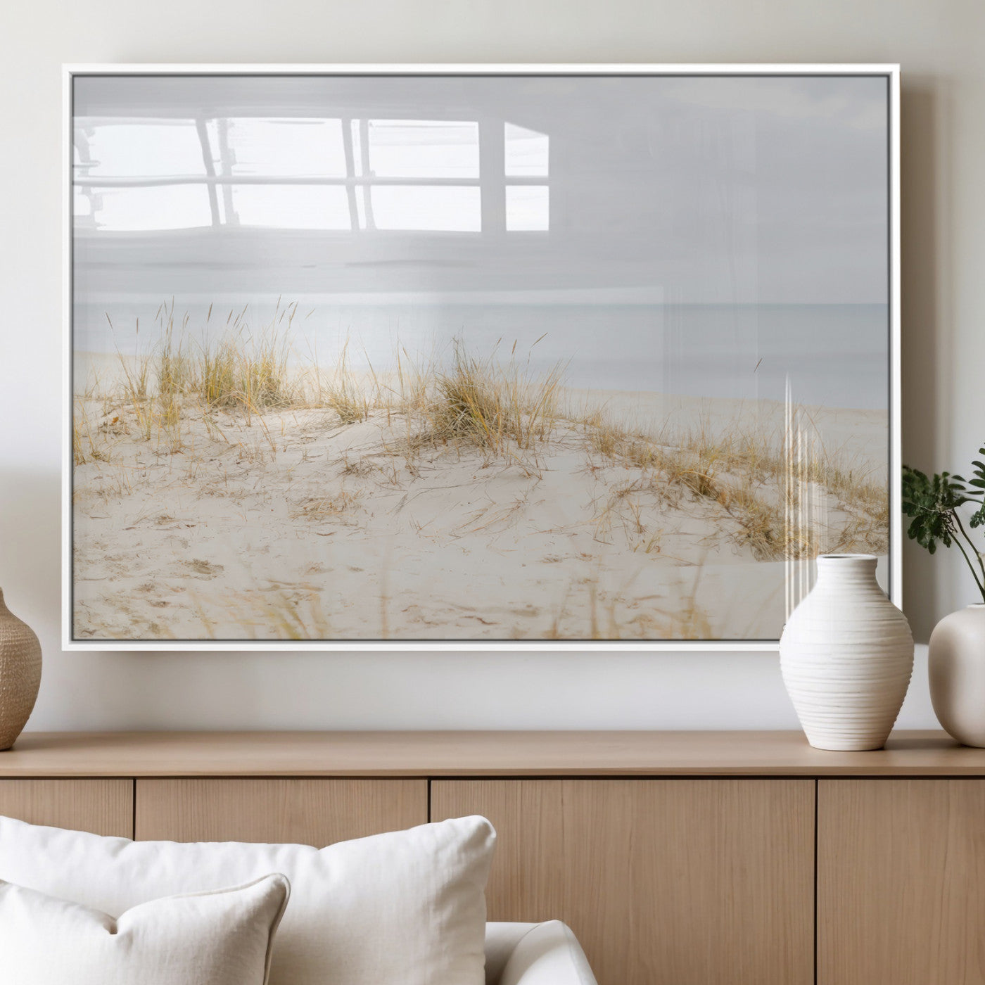 Canvas of soft beach dunes and coastal grasses in neutral tones, perfect for Scandinavian coastal or minimalist nature-inspired home decor.   2/2