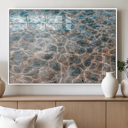 Close-up of sunlit ocean ripples with aqua blue and golden tones, ideal for modern coastal or minimalist home decor.