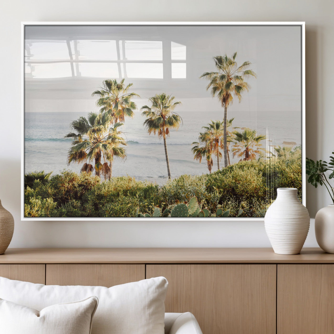 Framed print of sunlit palm trees on the California coast with warm tones, perfect for coastal minimalist or beach-style home decor.