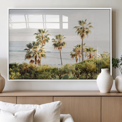 Framed print of sunlit palm trees on the California coast with warm tones, perfect for coastal minimalist or beach-style home decor.