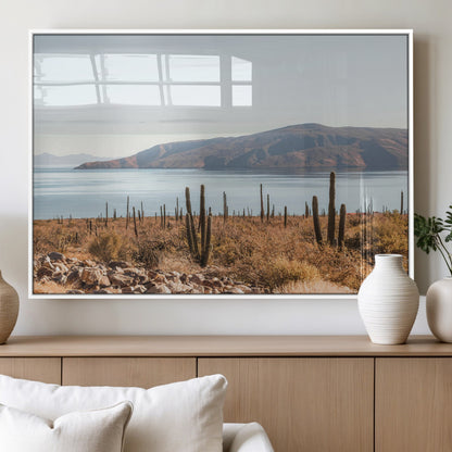 Warm desert landscape with cacti and coastal mountains, perfect for southwestern or earthy calm-themed home wall decor.