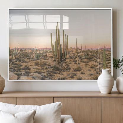 Canvas of tall desert cacti in warm sunset tones over a rocky Baja landscape, ideal for earthy or Southwestern-style home decor.