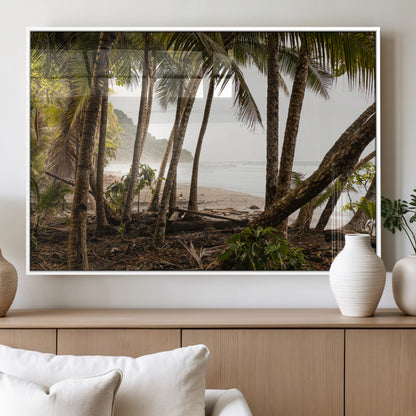 Dense tropical palm trees framing a sandy beach and ocean shore, ideal for jungle or coastal themed interior wall decor.