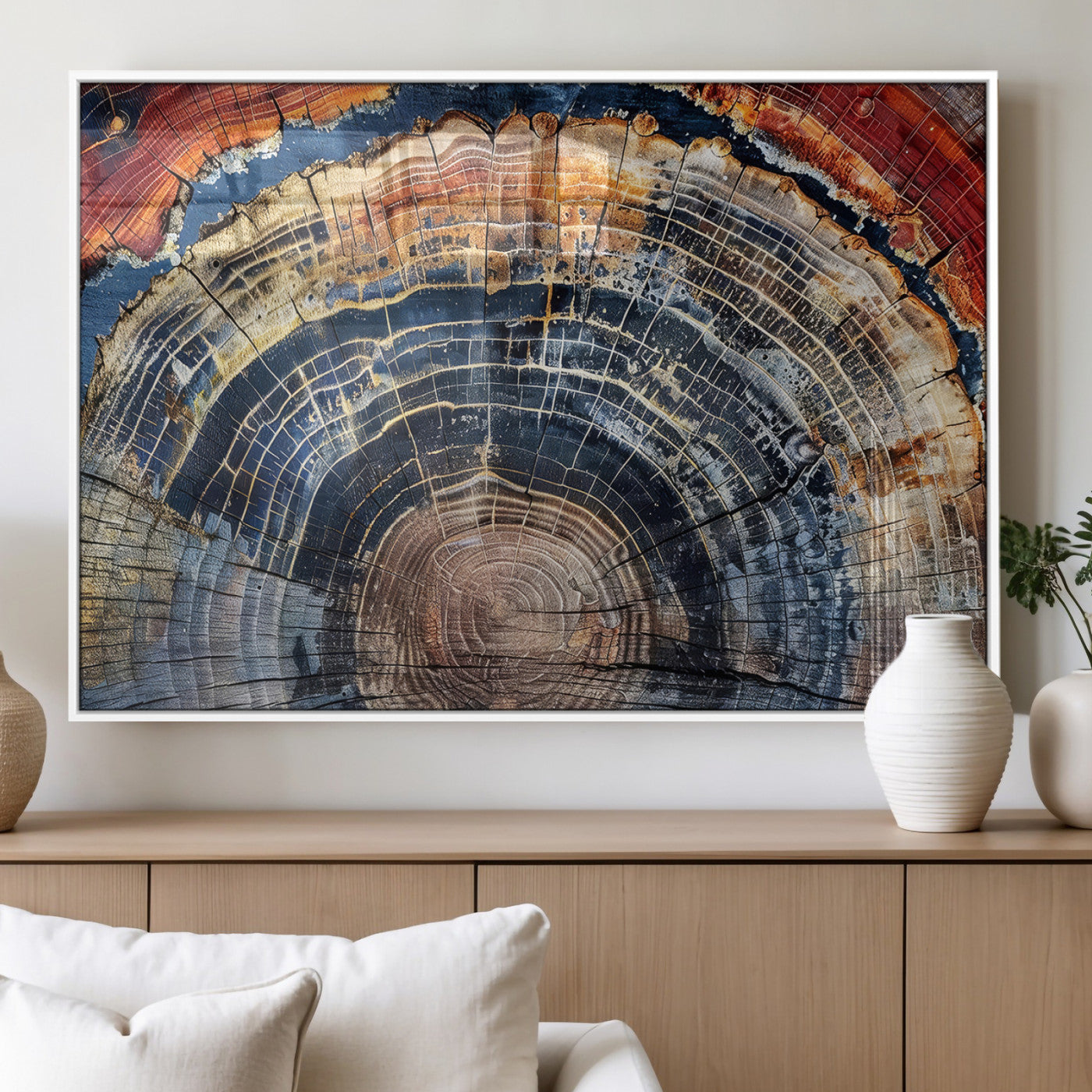 Vibrant tree ring with orange, brown, and blue tones in abstract detail, perfect for rustic or boho-inspired wall decor.