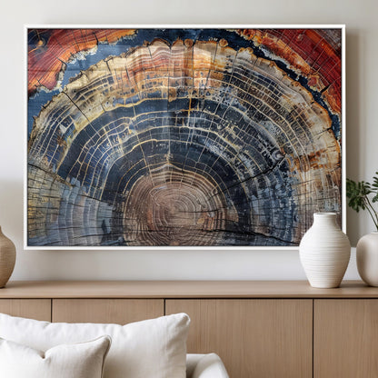 Vibrant tree ring with orange, brown, and blue tones in abstract detail, perfect for rustic or boho-inspired wall decor.