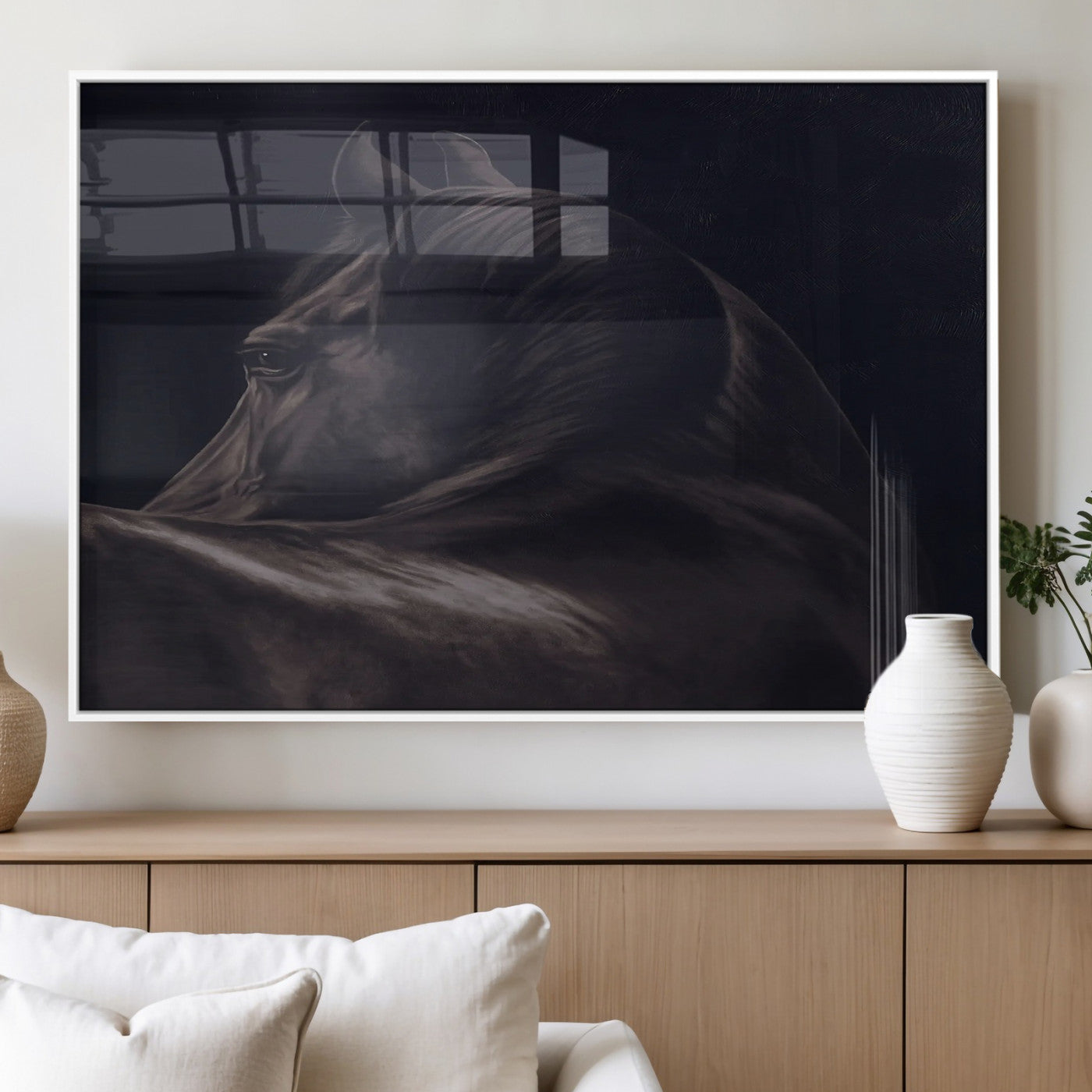 Close-up of a black horse with dramatic lighting on a dark background, perfect for rustic or masculine home decor.