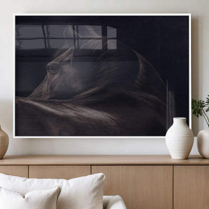 Close-up of a black horse with dramatic lighting on a dark background, perfect for rustic or masculine home decor.