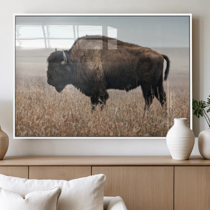 A lone bison stands in a vast prairie under a soft sky, evoking freedom and rustic charm for western or farmhouse inspired interiors.