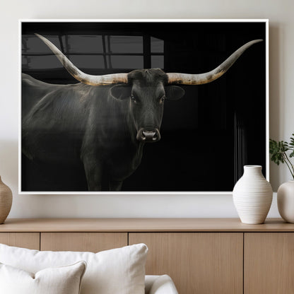 Close-up of a black Texas longhorn with large curved horns on black background, ideal for rustic farmhouse or modern western interiors.