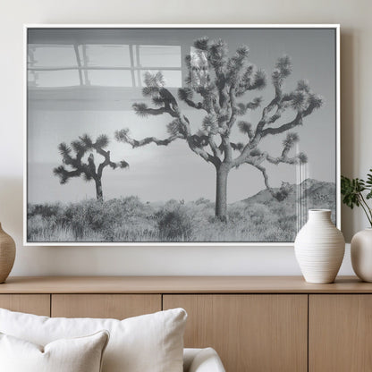 Black and white Joshua tree in a desert landscape with soft light and dry brush, perfect for rustic or minimalist home decor.