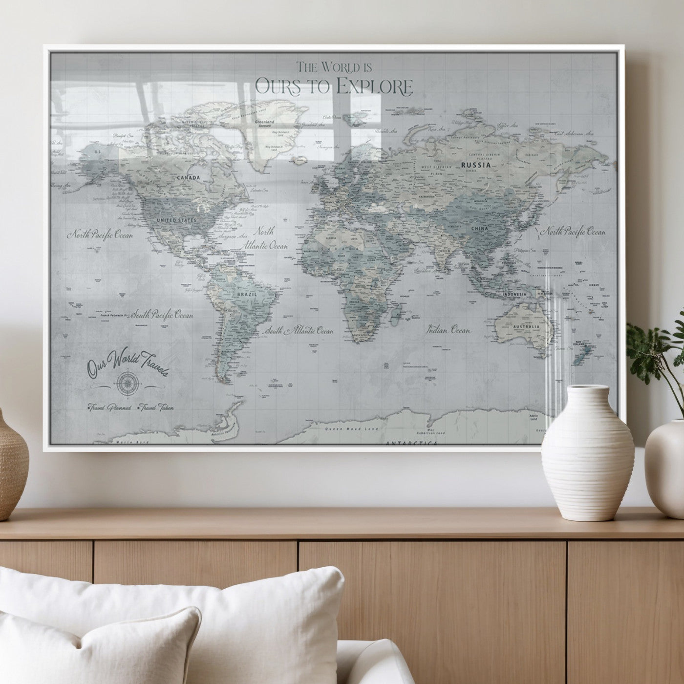Custom Push Pin World Map Wall Canvas Print – Personalized Travel Tracker with Pins – Framed Custom Quotie Canvas for Home Office Decor