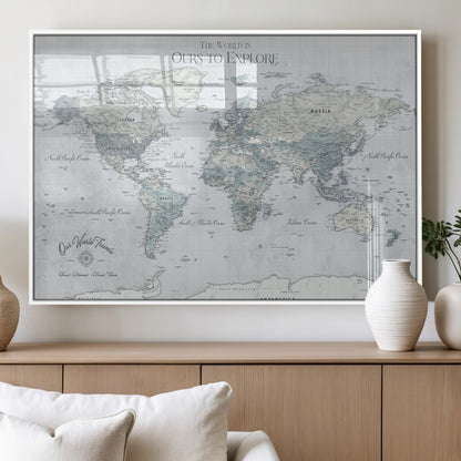 Custom Push Pin World Map Wall Canvas Print – Personalized Travel Tracker with Pins – Framed Custom Quotie Canvas for Home Office Decor
