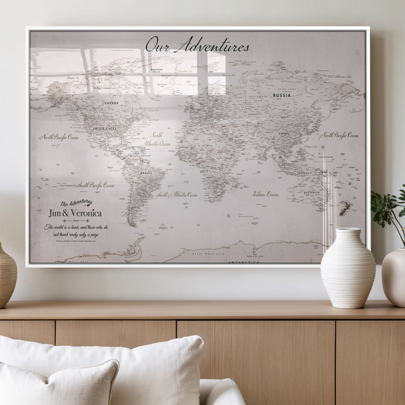 Customize Push Pin World Map Wall Canvas Print – Personalized Travel Map with Foam Pins – Framed Custom Quotie Canvas for Home Office Decor