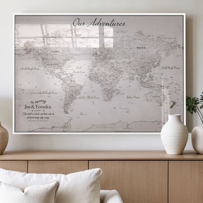 Customize Push Pin World Map Wall Canvas Print – Personalized Travel Map with Foam Pins – Framed Custom Quotie Canvas for Home Office Decor