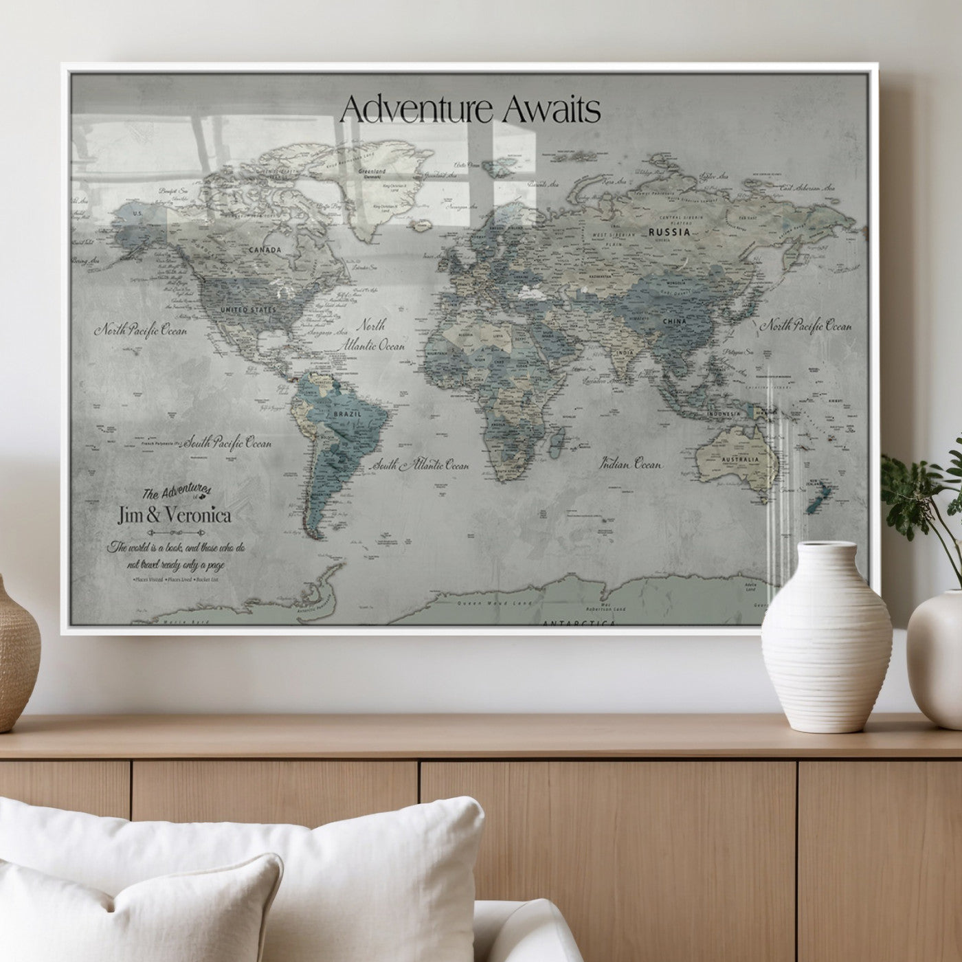 Customize Push Pin World Map Wall Canvas Print – Personalized Travel Tracker with Pins – Framed Custom Quotie Canvas for Home Office Decor