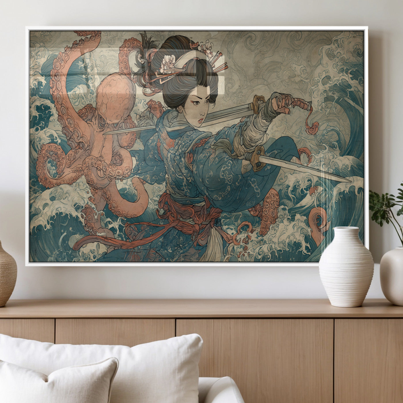 Tsukioka Yoshitoshi Samurai Wall Art Print, Japanese Katana Warrior Canvas Wall Art, Octopus Sea Monster Canvas Print,
