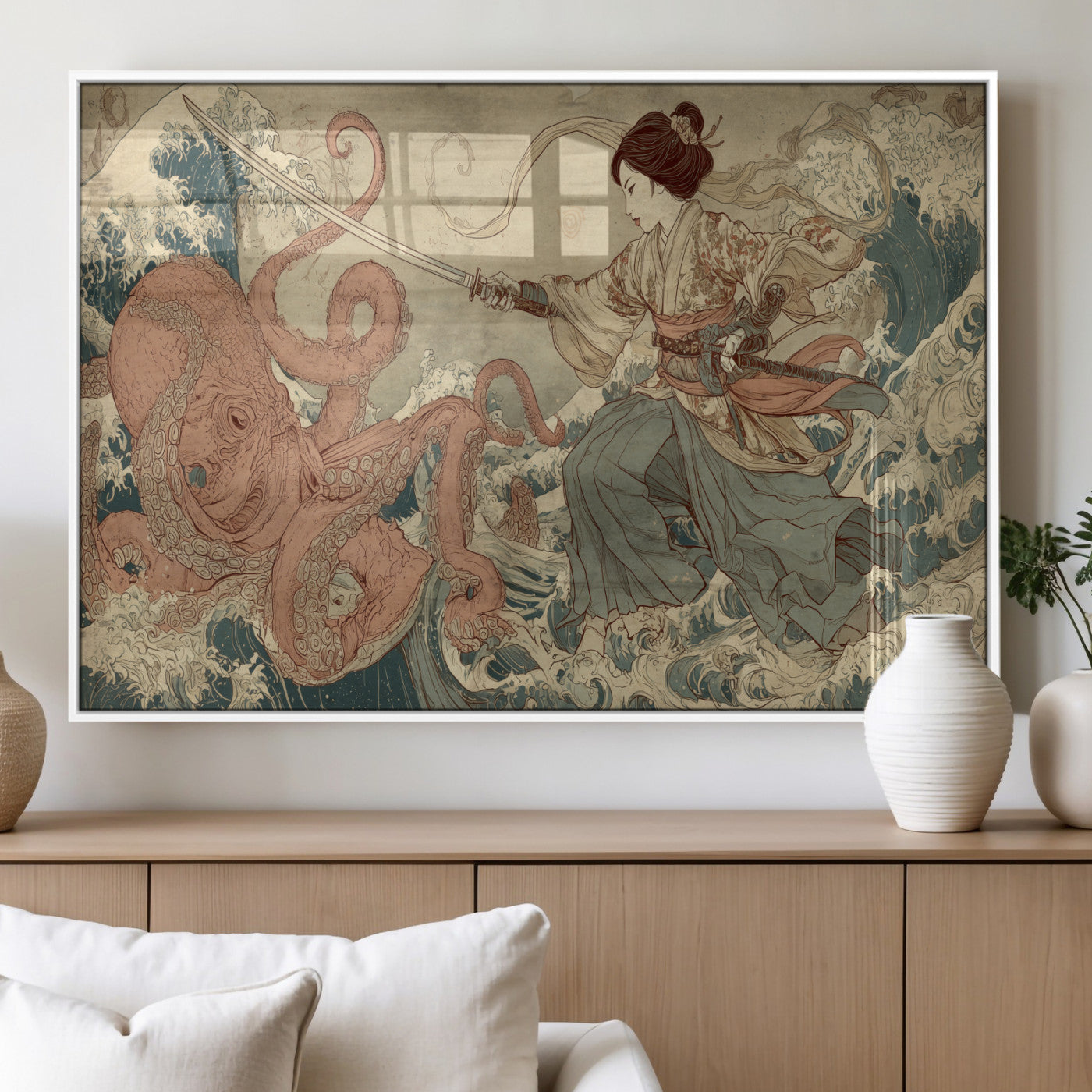 Tsukioka Yoshitoshi Samurai Wall Art Print, Japanese Katana Warrior Canvas Wall Art, Octopus Sea Monster Canvas Print,