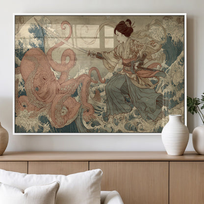 Tsukioka Yoshitoshi Samurai Wall Art Print, Japanese Katana Warrior Canvas Wall Art, Octopus Sea Monster Canvas Print,