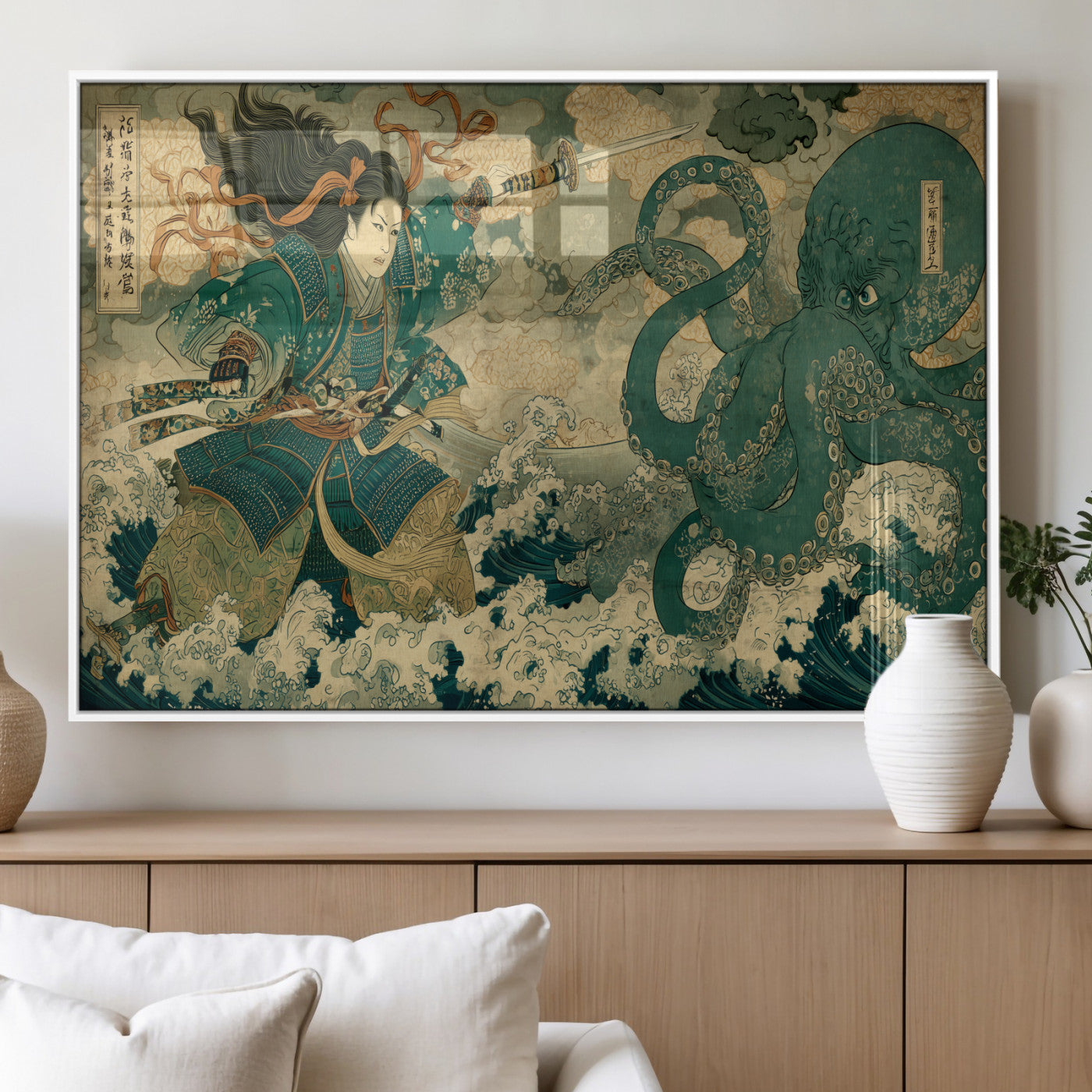 Tsukioka Yoshitoshi Samurai Wall Art Print, Japanese Katana Warrior Canvas Wall Art, Octopus Sea Monster Canvas Print,